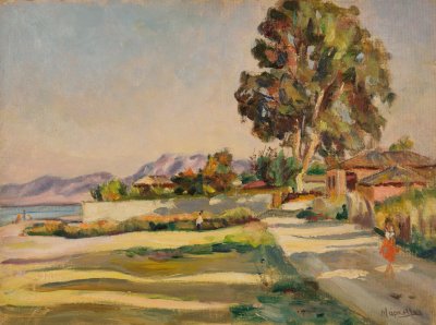 Nerantza, Afternoon with Tree near Lynaki — Oil painting, Fiberboard, 30.00×40.00cm — Theodoros Markellos